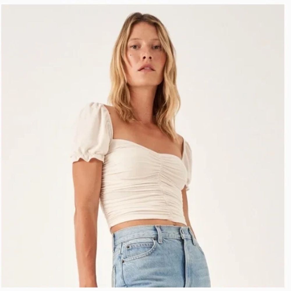 Reformation Ivory Ruched Puff Sleeve Crop Top